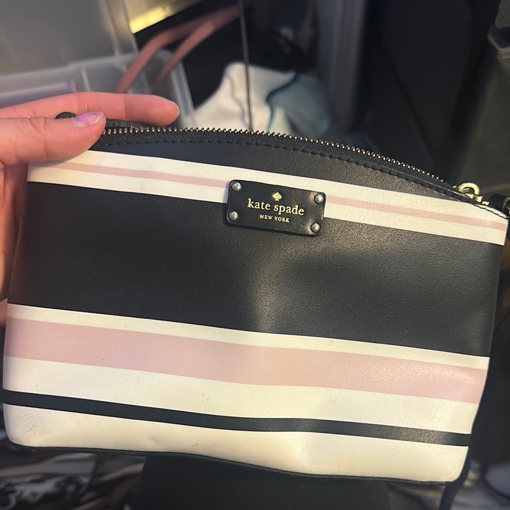 Kate Spade Black and Pink Striped Cosmetic Case
